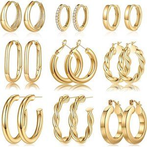 9 Pairs Gold Hoop Earrings 925 Sterling Silver Post 14K Real Gold Plated